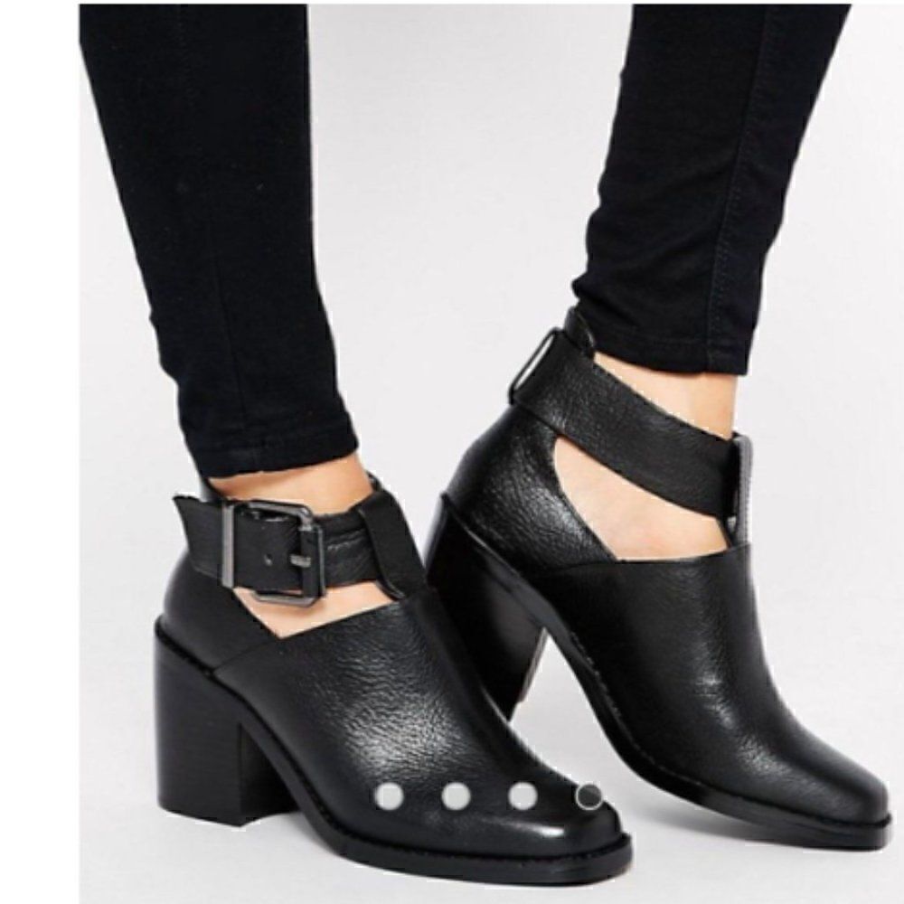 Shelly's London Reversible Adjustable Buckle Strap Block Heel Leather Booties